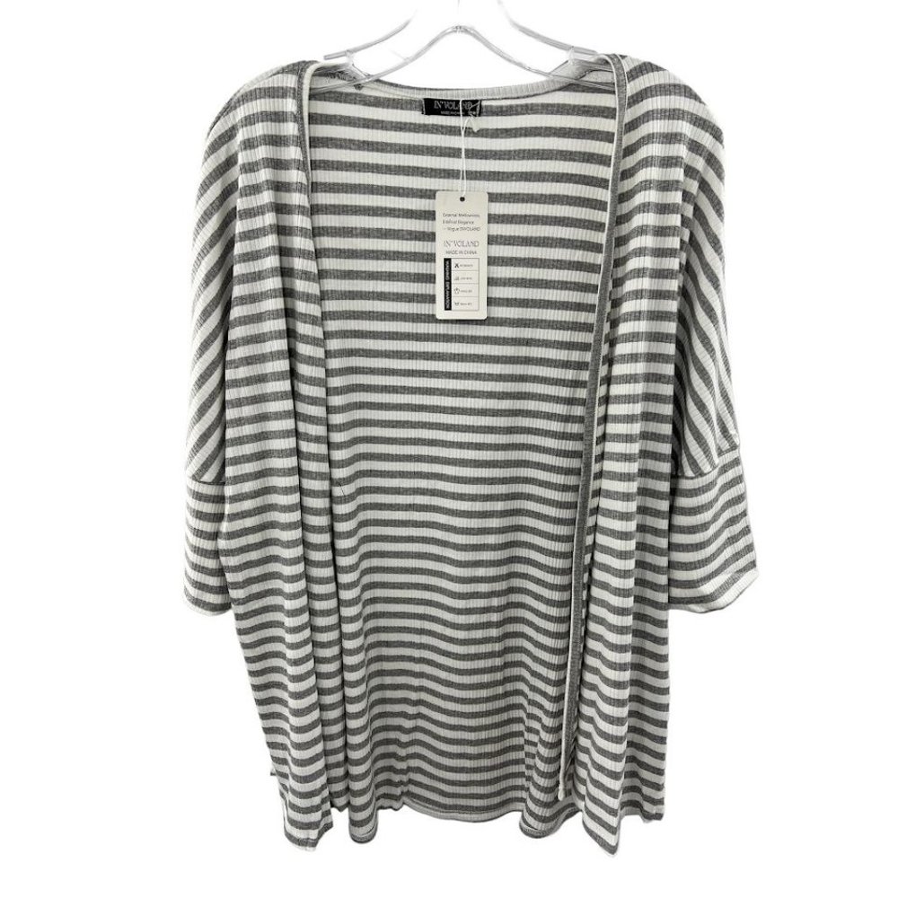 NWT IN'Voland Gray and White Women's Striped Knit Cardigan Casual Open